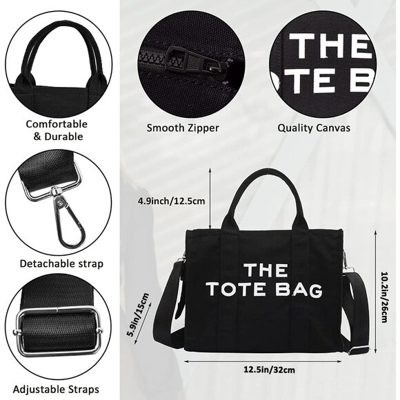 Women Black Personalized Canvas with Zipper Top-Handle Crossbody Tote Handbag - Picture 5 of 7